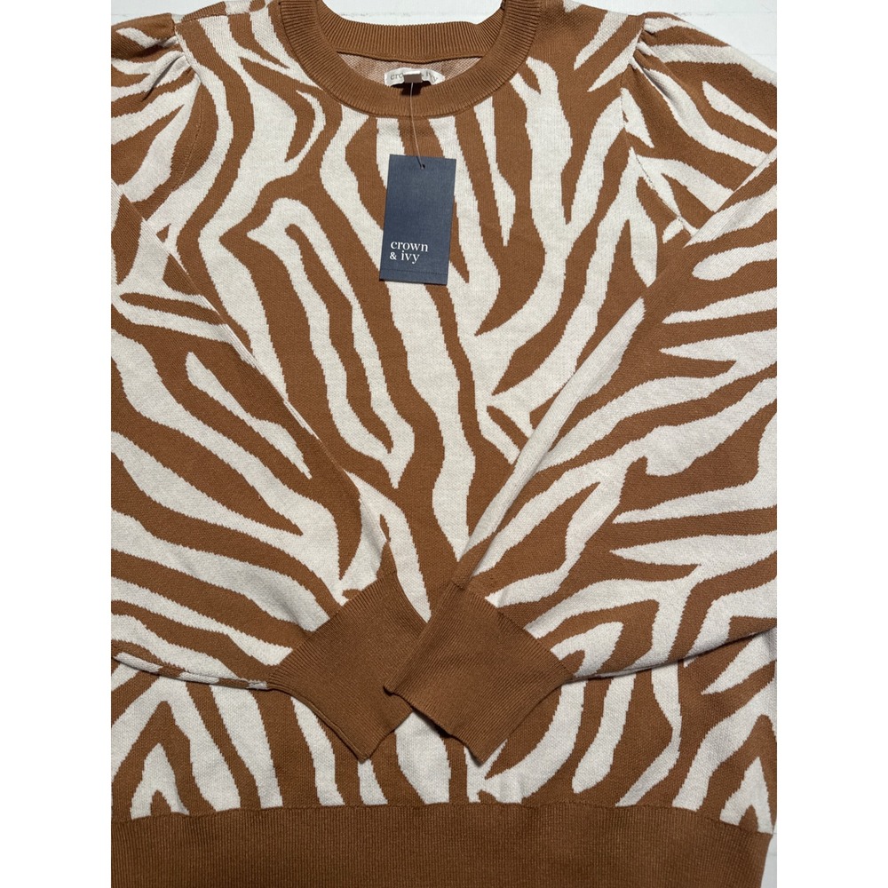 Crown & Ivy Zebra Print Sweater Womens XL Brown NWT Puff Sleeve Crew Neck
